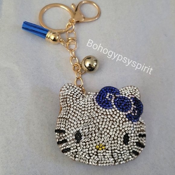 Hello Kitty Blue Bow Crystal Rhinestone Keychain Bag Charm With Tassel - Picture 5 of 11